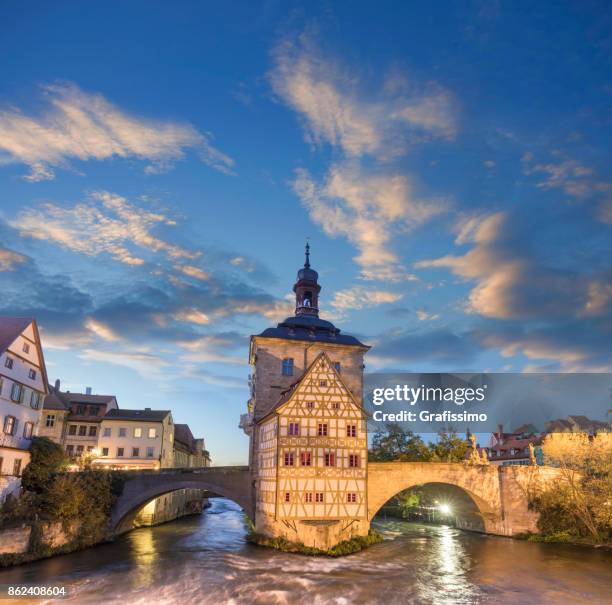 old half-timbered townhall in bamberg germany at night - bamberg stock pictures, royalty-free photos & images