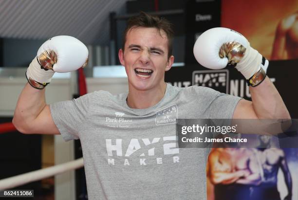 Willy Hutchinson reacts during the Hayemaker Ringstar Media Workout on October 17, 2017 in London, England.