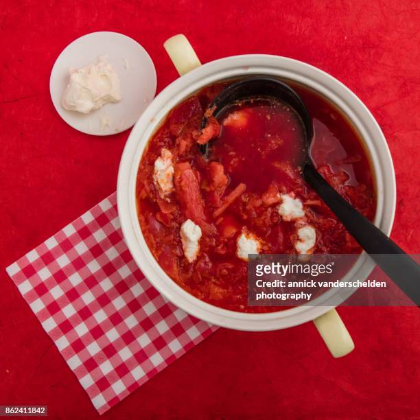 borscht soup with sour cream. - borschtsch stock-fotos und bilder