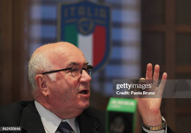 President Carlo Tavecchio attends the press conference after the Italian Football Federation federal council meeting on October 17, 2017 in Rome,...