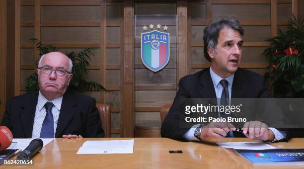 President Carlo Tavecchio and FIGC General Director Michele Uva attend the press conference after the Italian Football Federation federal council...