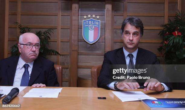 President Carlo Tavecchio and FIGC General Director Michele Uva attend the press conference after the Italian Football Federation federal council...