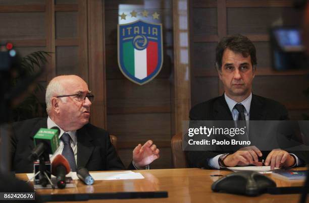 President Carlo Tavecchio and FIGC General Director Michele Uva attend the press conference after the Italian Football Federation federal council...