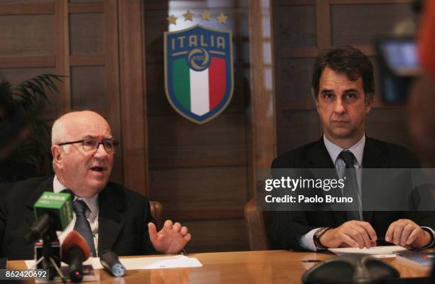 President Carlo Tavecchio and FIGC General Director Michele Uva attend the press conference after the Italian Football Federation federal council...