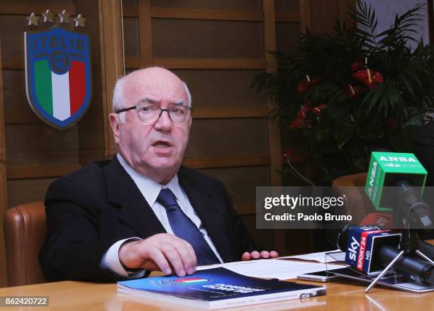 President Carlo Tavecchio attends the press conference after the Italian Football Federation federal council meeting on October 17, 2017 in Rome,...