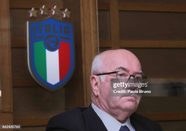 President Carlo Tavecchio attends the press conference after the Italian Football Federation federal council meeting on October 17, 2017 in Rome,...