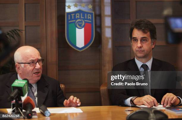 President Carlo Tavecchio and FIGC General Director Michele Uva attend the press conference after the Italian Football Federation federal council...