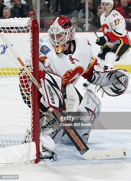 Goalie Miikka Kiprusoff of the Calgary Flames watches for the puck during game 1 of the Western Conference Quarterfinals of the 2009 Stanley Cup...