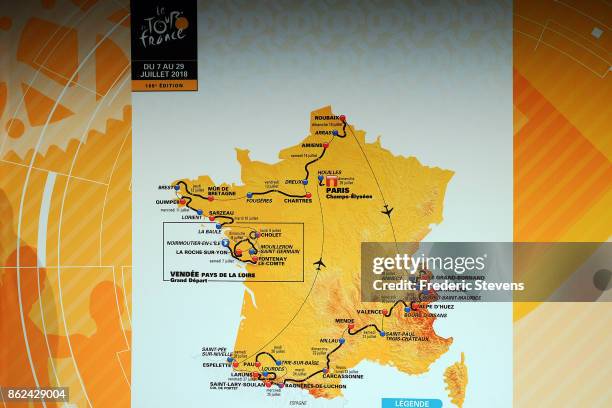 The race route map is displayed during Le Tour de France 2018 Route Announcement at the Palais des Congres on October 17, 2017 in Paris, France. The...