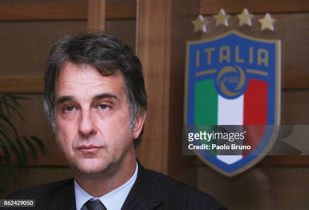 General Director Michele Uva attends the press conference after the Italian Football Federation federal council meeting on October 17, 2017 in Rome,...