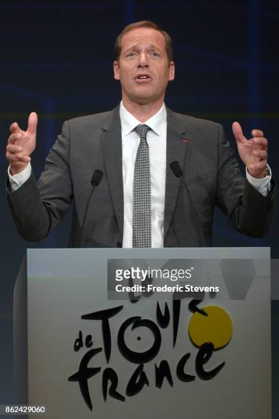Christian Prudhomme the Director of Le Tour de France addresses the audience during Le Tour de France 2018 Route Announcement at the Palais des...