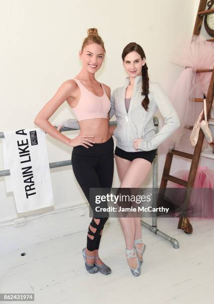 Train Like an Angel with Martha Hunt and dancer Mary Helen Bowers in Victorias Secret Angel Max Sport Bra at Ballet Beautiful on October 17, 2017 in...
