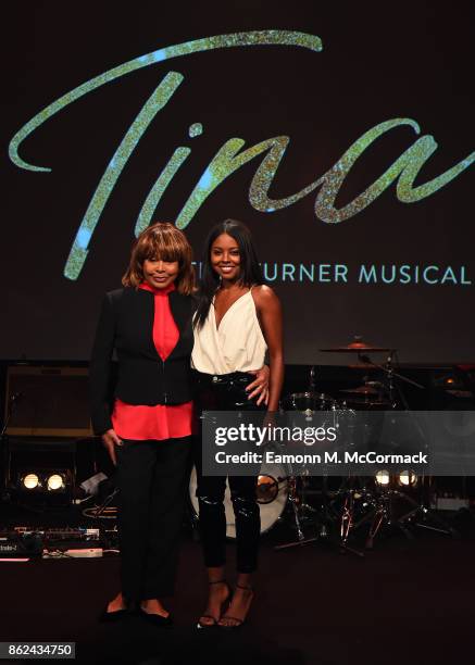 Tina Turner and Adrienne Warren during the 'TINA: The Tina Turner Musical' photocall at Aldwych Theatre on October 17, 2017 in London, England.