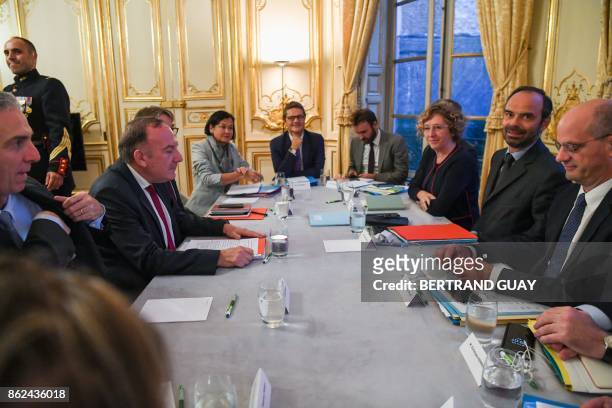 Head of employers federation MEDEF Pierre Gattaz attends a meeting with French Prime Minister Edouard Philippe, , French Education Minister...