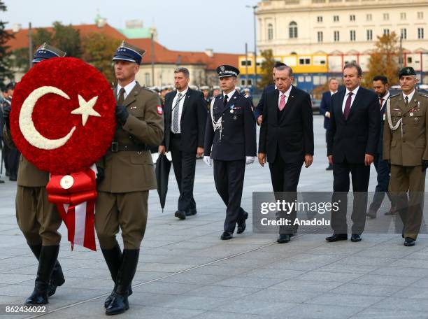 President of Turkey, Recep Tayyip Erdogan visits the Tomb of the Unknown Soldier in Warsaw, Poland on October 17, 2017.