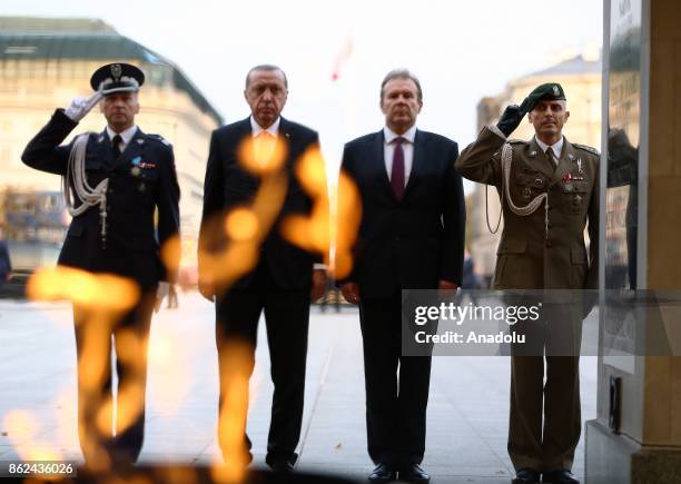 President of Turkey, Recep Tayyip Erdogan visits the Tomb of the Unknown Soldier in Warsaw, Poland on October 17, 2017.