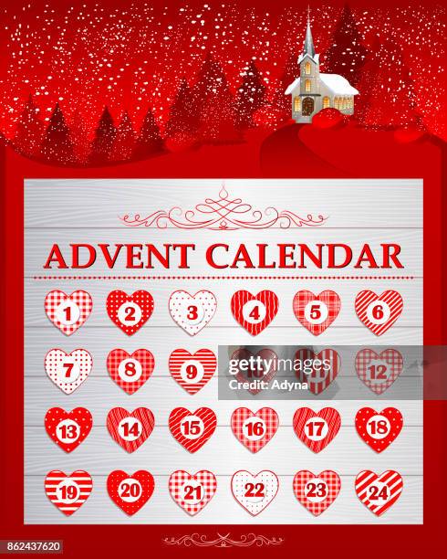 red advent calendar - rustic wood table stock illustrations