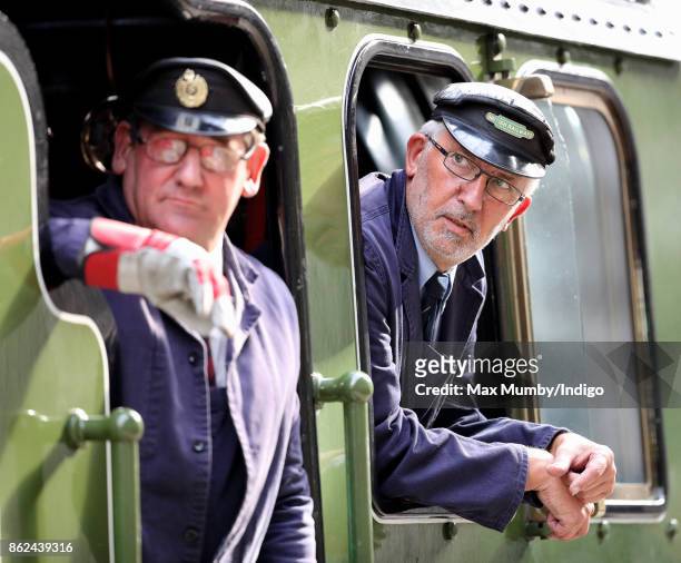 Train drivers onboard the Belmond British Pullman train during the Charities Forum Event at Paddington Station on October 16, 2017 in London, England.