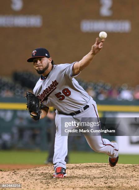 Gabriel Moya of the Minnesota Twins pitches during the game against the Detroit Tigers at Comerica Park on September 23, 2017 in Detroit, Michigan....