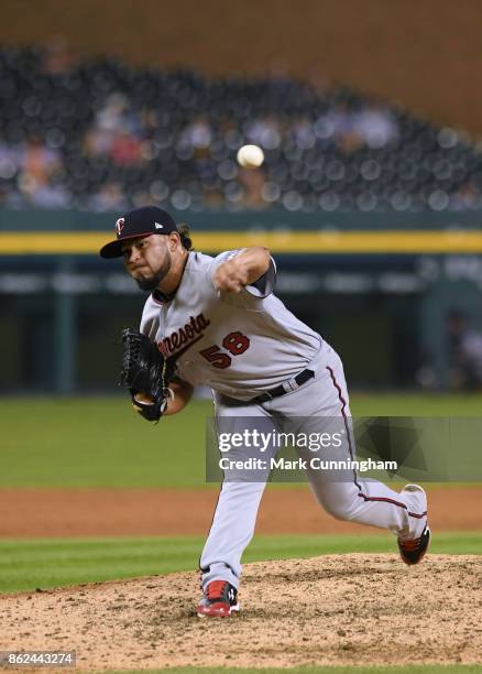 Gabriel Moya of the Minnesota Twins pitches during the game against the Detroit Tigers at Comerica Park on September 23, 2017 in Detroit, Michigan....