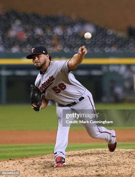 Gabriel Moya of the Minnesota Twins pitches during the game against the Detroit Tigers at Comerica Park on September 23, 2017 in Detroit, Michigan....