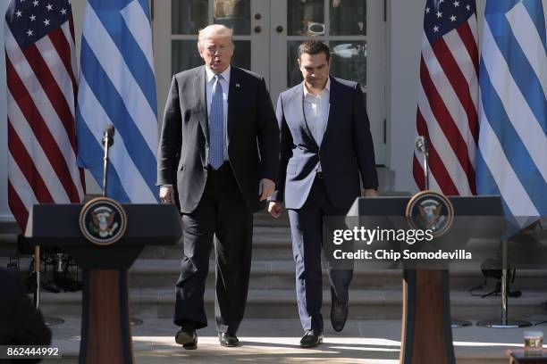 President Donald Trump and Greek Prime Minister Alexis Tsipras hold a joint press conference in the Rose Gard at the White House October 17, 2017 in...