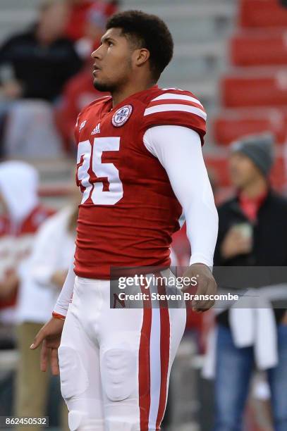 Punter Caleb Lightbourn of the Nebraska Cornhuskers warms up before the game against the Ohio State Buckeyes at Memorial Stadium on October 14, 2017...