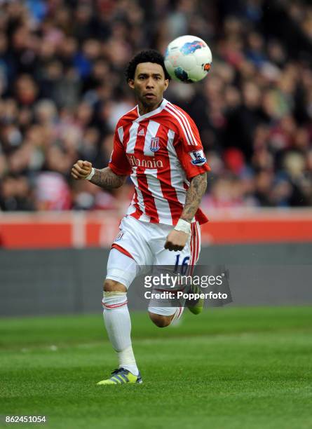 Jermaine Pennant of Stoke in action against his former club during the Barclays Premier League match between Stoke City and Arsenal at The Britannia...