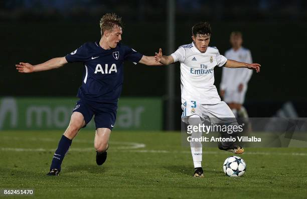 Fran Garcia of Real Madrid in action during the UEFA Youth Champions League group H match between Real Madrid and Tottenham Hotspur at Estadio...