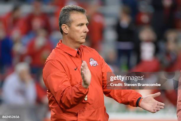 Head coach Urban Meyer of the Ohio State Buckeyes before the game against the Nebraska Cornhuskers at Memorial Stadium on October 14, 2017 in...