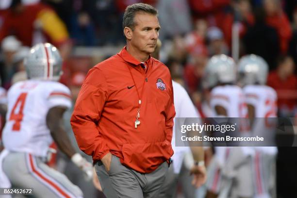 Head coach Urban Meyer of the Ohio State Buckeyes before the game against the Nebraska Cornhuskers at Memorial Stadium on October 14, 2017 in...