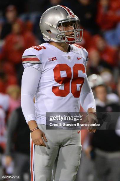 Place kicker Sean Nuernberger of the Ohio State Buckeyes looks to kick against the Nebraska Cornhuskers at Memorial Stadium on October 14, 2017 in...