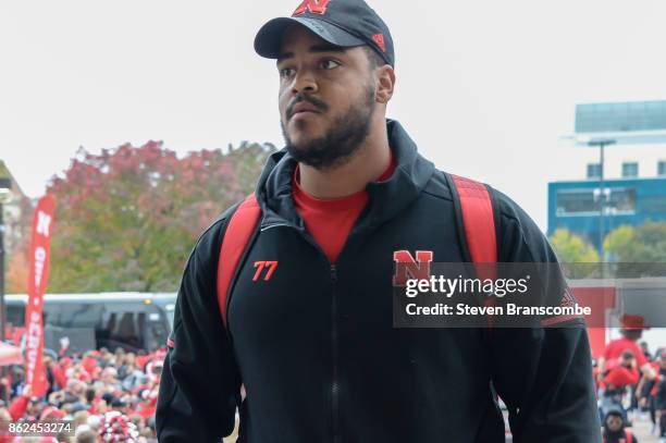 Offensive lineman David Knevel of the Nebraska Cornhuskers arrives at the stadium before the game against the Ohio State Buckeyes at Memorial Stadium...