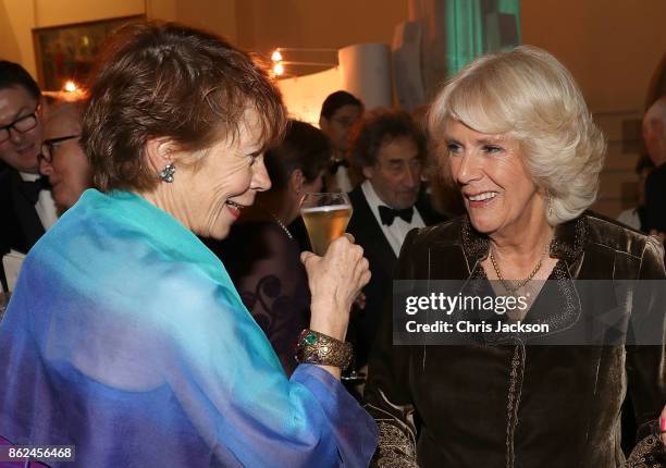 Camilla, Duchess of Cornwall speaks with Celia Imrie at the Man Booker Prize dinner and reception at The Guildhall on October 17, 2017 in London,...