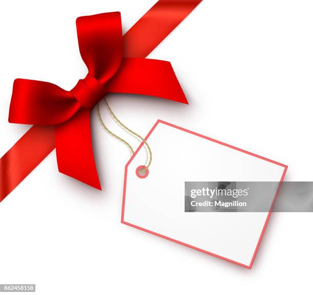 ilustrações de stock, clip art, desenhos animados e ícones de red gift bow with tag - gift ribbon