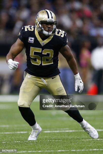 Craig Robertson of the New Orleans Saints defends during a game against the Detroit Lions at the Mercedes-Benz Superdome on October 15, 2017 in New...