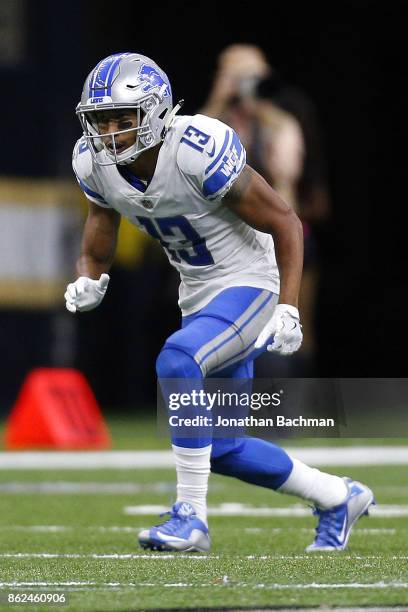 Jones of the Detroit Lions runs during a game against the New Orleans Saints at the Mercedes-Benz Superdome on October 15, 2017 in New Orleans,...