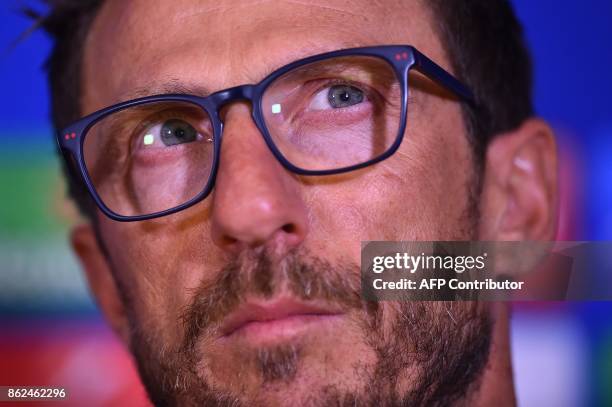 Roma's Italian head coach Eusebio Di Francesco speaks during a press confernce in London, on October 17 on the eve of their UEFA Champions League...