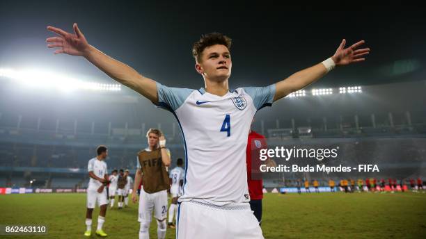 George McEachran of England celebrates the victory against Japan during the FIFA U-17 World Cup India 2017 Round of 16 match between England and...