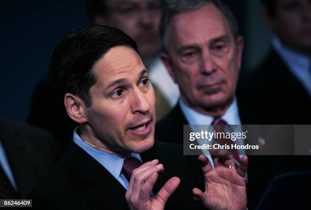 New York City health commissioner Dr. Thomas R. Frieden addresses a press conference about the swine flu outbreak next to New York mayor Mike...