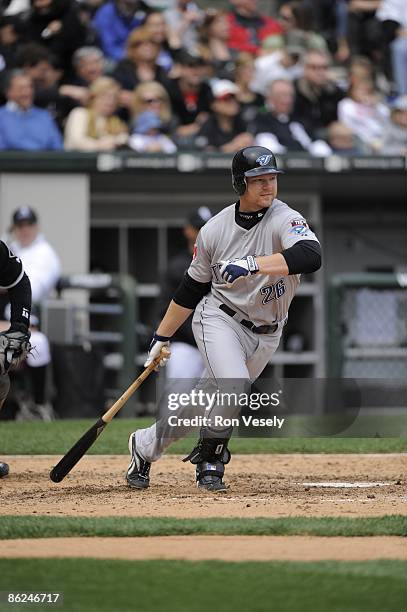 Adam Lind of the Toronto Blue Jays bats against the Chicago White Sox at U.S. Cellular Field in Chicago, Illinois on Sunday, April 26, 2009. The Blue...