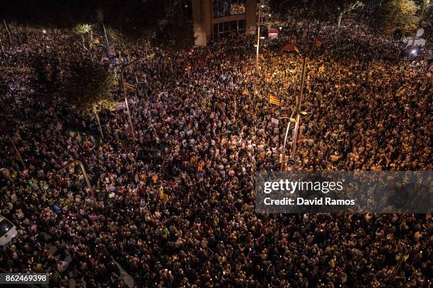 Citizens gather to protest against imprisonment of two key members of the Catalan independence movement on October 17, 2017 in Barcelona, Spain. A...