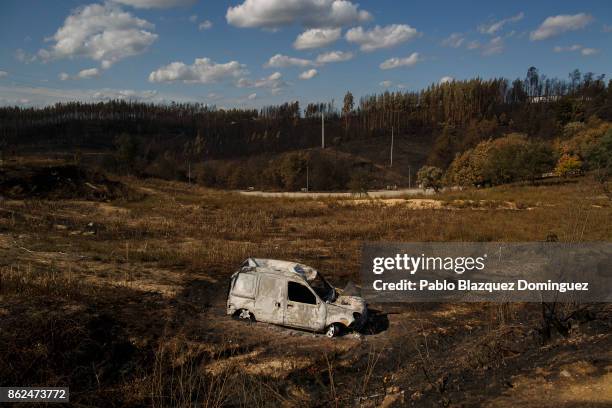 Burnt car lays on a field in the village of Travanca do Mondego on October 17, 2017 in Coimbra region, Portugal. At least 37 people have died in...