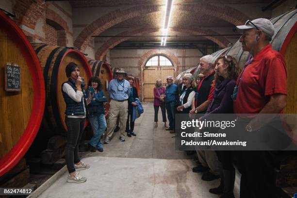 Tourists visit a winery of Marchesi di Barolo on October 17, 2017 in the Barolo region , Italy. Because of the high summer temperatures, Barolo's...