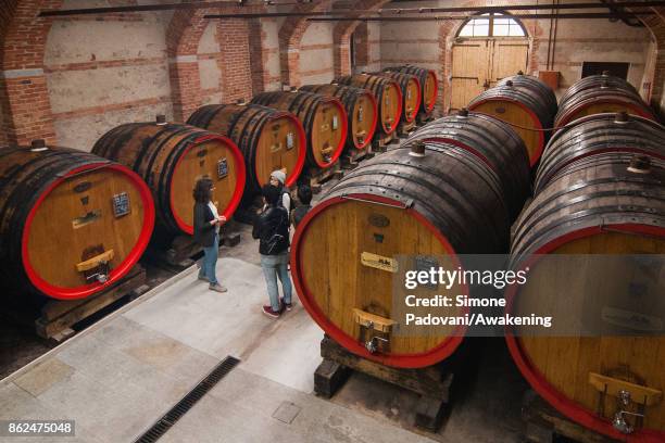 Tourists visit a winery of Marchesi di Barolo on October 17, 2017 in the Barolo region , Italy. Because of the high summer temperatures, Barolo's...