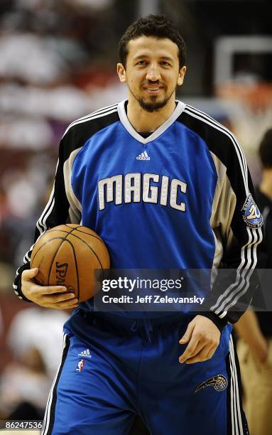 Hedo Turkoglu of the Orlando Magic warms up before Game Three of the Eastern Conference Quarterfinals during the 2009 NBA Playoffs against the...