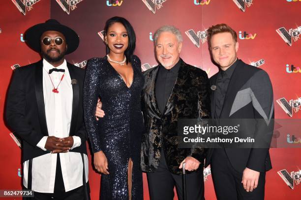 Will.i.am, Jennifer Hudson, Sir Tom Jones and Olly Murs pose during The Voice UK 2018 launch photocall at Media City on October 17, 2017 in...