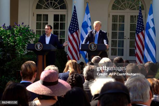 Greek Prime Minister Alexis Tsipras talks during a joint press conference with US President Donald Trump in the Rose Garden at the White House in...