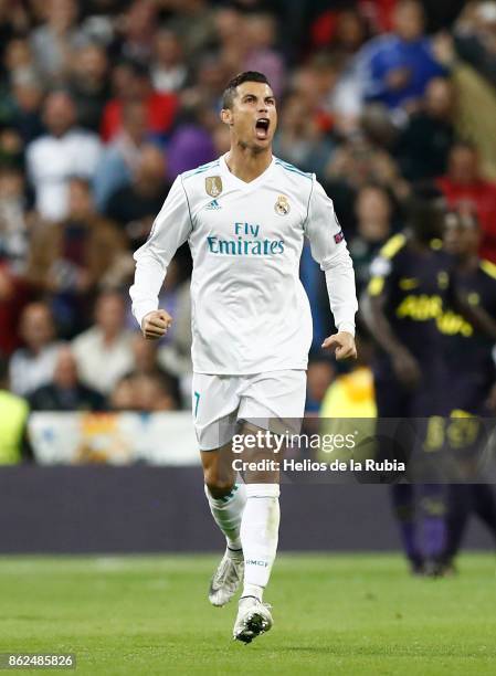 Cristiano Ronaldo of Real Madrid celebrates after scoring during the UEFA Champions League group H match between Real Madrid CF and Tottenham Hotspur...