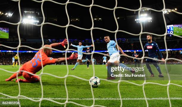 Gabriel Jesus of Manchester City scores the second City goal past Pepe Reina during the UEFA Champions League group F match between Manchester City...